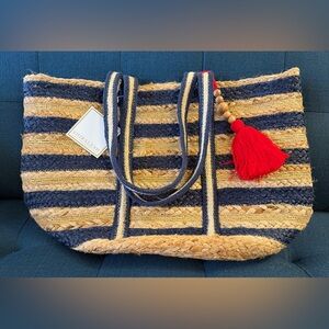 Shiraleah Blue and Tan Port Tote with Red Tassel
